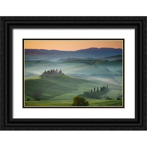 Europe-Italy-Tuscany-Val d Orcia-Belvedere farmhouse at sunrise Black Ornate Wood Framed Art Print with Double Matting by Jaynes Gallery