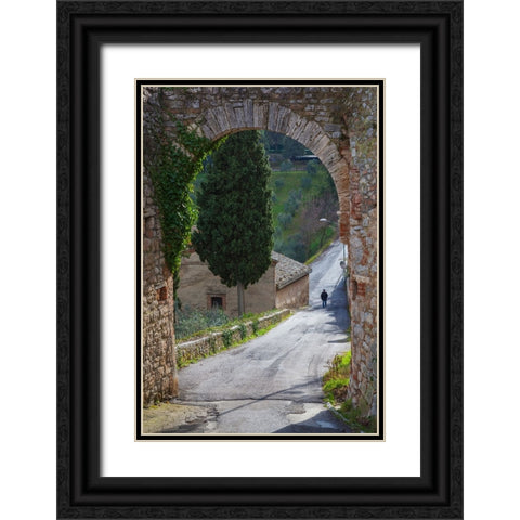 Europe-Italy-Tuscany-Val d Orcia-Lone person walking on rural road Black Ornate Wood Framed Art Print with Double Matting by Jaynes Gallery