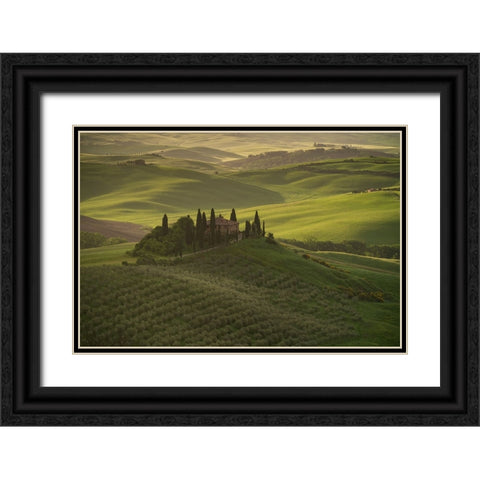 Europe-Italy-Tuscany-Val dOrcia-Belvedere farmhouse at sunrise  Black Ornate Wood Framed Art Print with Double Matting by Jaynes Gallery