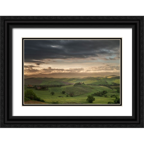 Europe-Italy-Tuscany-Val d Orcia-Belvedere farmhouse at sunrise Black Ornate Wood Framed Art Print with Double Matting by Jaynes Gallery