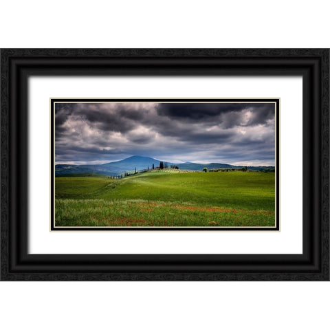 Europe-Italy-Tuscany-Val d Orcia-Farmland under stormy sky Black Ornate Wood Framed Art Print with Double Matting by Jaynes Gallery