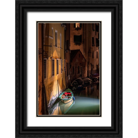 Europe-Italy-Venice-Wooden boat and reflections on still canal at night Black Ornate Wood Framed Art Print with Double Matting by Jaynes Gallery