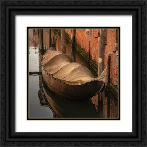 Europe-Italy-Venice-Covered old gondola on canal Black Ornate Wood Framed Art Print with Double Matting by Jaynes Gallery
