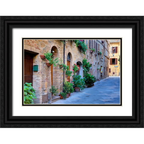 Italy-Tuscany-Pienza Flower pots and potted plants decorate a narrow street in a Tuscany village Black Ornate Wood Framed Art Print with Double Matting by Eggers, Julie