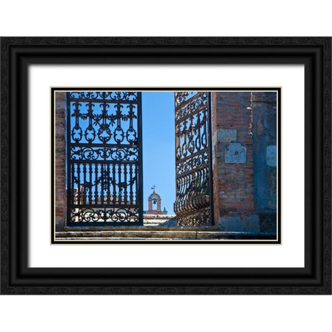 Italy-Tuscany-Montepulciano The wrought iron gate leading to cemetery near Church of San Biaggio Black Ornate Wood Framed Art Print with Double Matting by Eggers, Julie