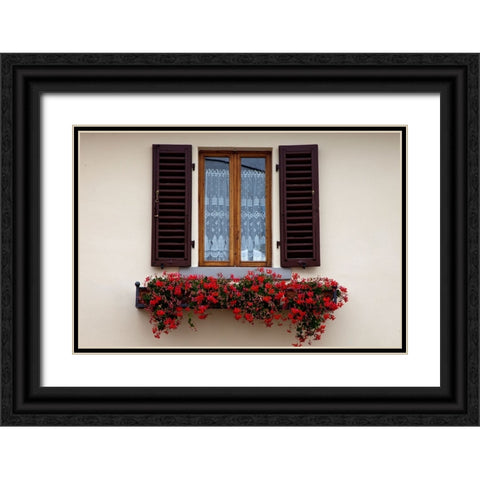 Italy-Radda in Chianti Flower boxes with red geraniums below a window with shutters Black Ornate Wood Framed Art Print with Double Matting by Eggers, Julie