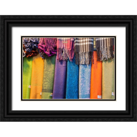Italy-Venice Colorful scarfs on display and for sale along the streets of Venice Black Ornate Wood Framed Art Print with Double Matting by Eggers, Julie