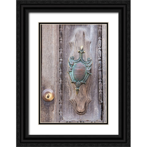 Italy-Venice-Burano Island Closeup of brass detail on an old wooden door on Burano Island Black Ornate Wood Framed Art Print with Double Matting by Eggers, Julie