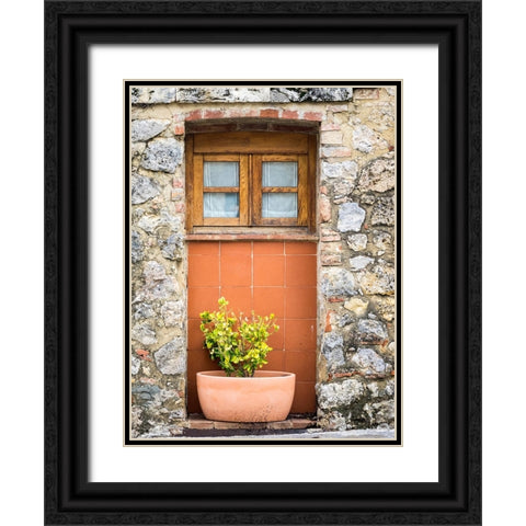 Italy-Chianti-Monteriggioni Wooden shutters on a window with planter below Black Ornate Wood Framed Art Print with Double Matting by Eggers, Julie