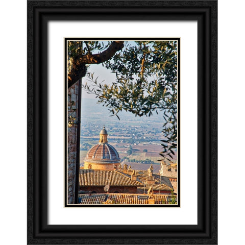 Italy- Umbria- Assisi. The dome of the Convento Chiesa Nuova with the countryside in the distance. Black Ornate Wood Framed Art Print with Double Matting by Eggers, Julie