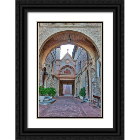 Italy- Umbria- Assisi. Archway and path leading to the Monastero della Santa Croce Catholic Church. Black Ornate Wood Framed Art Print with Double Matting by Eggers, Julie