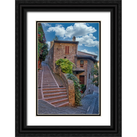 Italy- Umbria. Homes along the streets of Assisi. Black Ornate Wood Framed Art Print with Double Matting by Eggers, Julie
