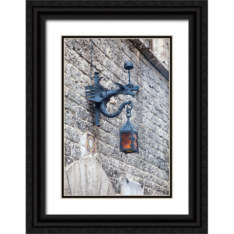 Italy- Umbria- Assisi. Old stone wall with Dragon Lantern. Black Ornate Wood Framed Art Print with Double Matting by Eggers, Julie