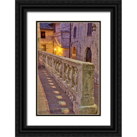 Italy- Umbria- Assisi. Short stone wall with columns near the Convento Chiesa Nuova. Black Ornate Wood Framed Art Print with Double Matting by Eggers, Julie
