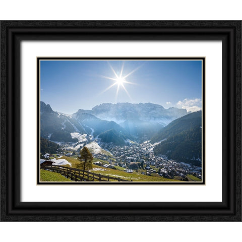 Sella mountain range and village Wolkenstein-Selva in the dolomites of South Tyrol-Alto Adige seen  Black Ornate Wood Framed Art Print with Double Matting by Zwick, Martin