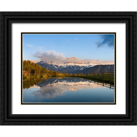 Rosengarten-Catinaccio mountain range in the dolomites of South Tyrol-Alto Adige-are reflected in a Black Ornate Wood Framed Art Print with Double Matting by Zwick, Martin