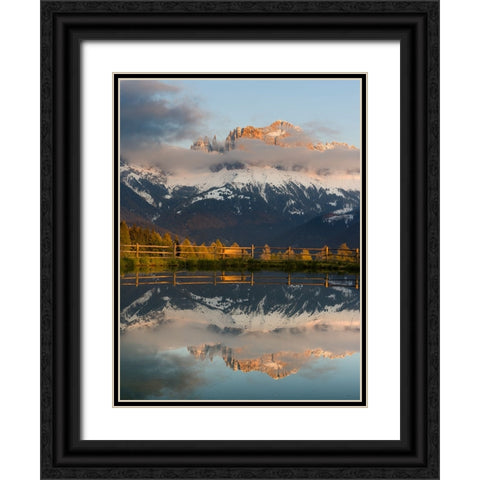 Rosengarten-Catinaccio mountain range in the dolomites of South Tyrol-Alto Adige-are reflected in a Black Ornate Wood Framed Art Print with Double Matting by Zwick, Martin