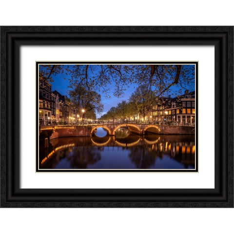 Europe-The Netherlands-Amsterdam-Canal scene at night Black Ornate Wood Framed Art Print with Double Matting by Jaynes Gallery
