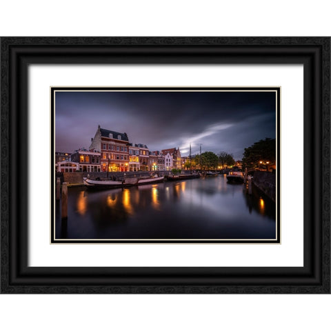 Europe-The Netherlands-Delfshaven-Sunset scene along canal Black Ornate Wood Framed Art Print with Double Matting by Jaynes Gallery