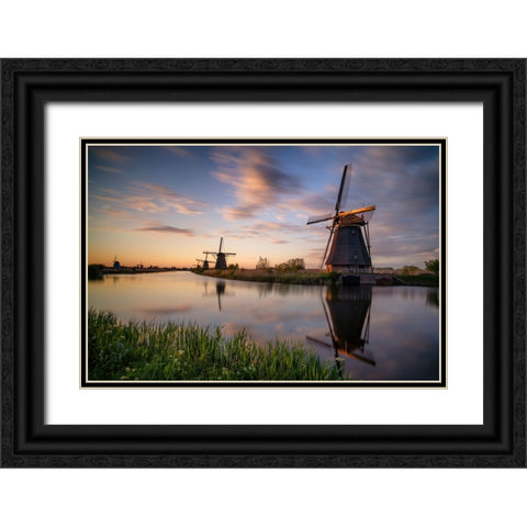 Europe-The Netherlands-Kinderdijk windmills at sunset Black Ornate Wood Framed Art Print with Double Matting by Jaynes Gallery
