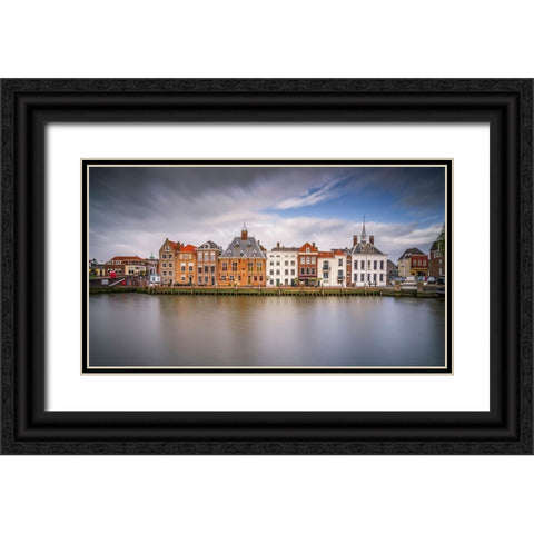 Europe-The Netherlands-Maassluis-Row of buildings on ocean pier Black Ornate Wood Framed Art Print with Double Matting by Jaynes Gallery