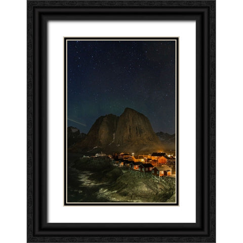 Norway- Lofoten Islands. Aurora Borealis In the sky above Hamnoy in Reine Black Ornate Wood Framed Art Print with Double Matting by Looney, Hollice