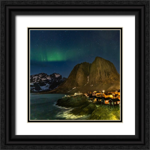 Norway- Lofoten Islands. Aurora Borealis In the sky above Hamnoy in Reine Black Ornate Wood Framed Art Print with Double Matting by Looney, Hollice