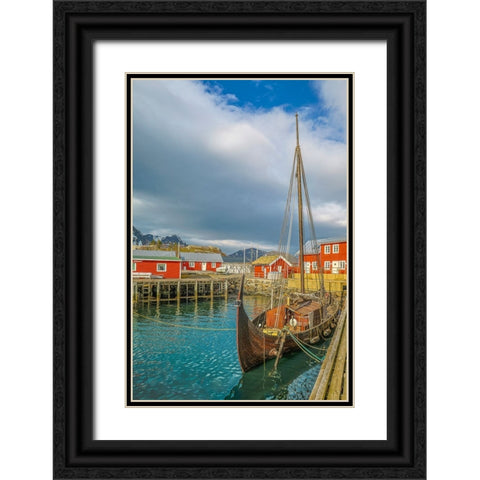 Norway- Lofoten Islands. Ballstadoy from across the lake Black Ornate Wood Framed Art Print with Double Matting by Looney, Hollice