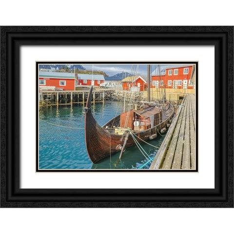 Norway- Lofoten Islands. Ballstadoy from across the lake Black Ornate Wood Framed Art Print with Double Matting by Looney, Hollice
