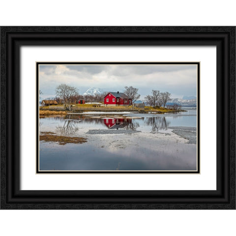 Norway- Lofoten Islands. View across Indrepollen Lake. Black Ornate Wood Framed Art Print with Double Matting by Looney, Hollice