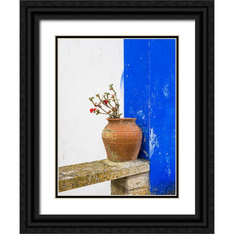 Portugal-Obidos-Plant in a terracotta pot on stone bench Black Ornate Wood Framed Art Print with Double Matting by Eggers, Julie