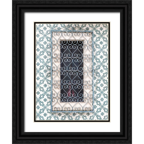 Portugal-Aveiro-Shuttered window on tiled wall with wrought iron covering Black Ornate Wood Framed Art Print with Double Matting by Eggers, Julie