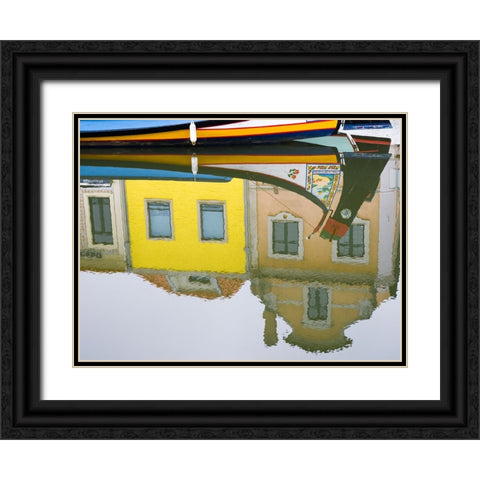 Portugal-Aveiro-Reflection of colorful buildings and painted Moliceiro boats in the canal Black Ornate Wood Framed Art Print with Double Matting by Eggers, Julie