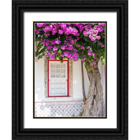 Portugal-Lisbon-Pink flowers of Bougainvillea plant and historical building next to Miradouro de Sa Black Ornate Wood Framed Art Print with Double Matting by Eggers, Julie