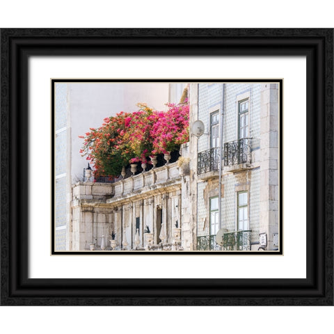 Portugal-Lisbon-Colorful Bougainvillea trailing over balcony of white building Black Ornate Wood Framed Art Print with Double Matting by Eggers, Julie