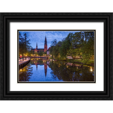 Sweden-Central Sweden-Uppsala-Domkyrka Cathedral-reflection-dusk Black Ornate Wood Framed Art Print with Double Matting by Bibikow, Walter