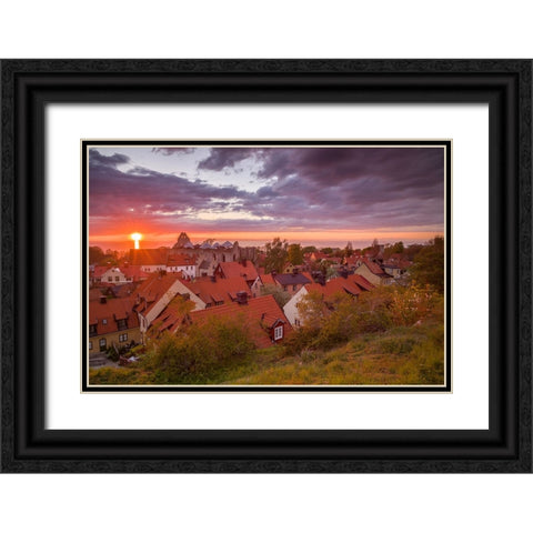 Sweden-Gotland Island-Visby-high angle city view-dusk Black Ornate Wood Framed Art Print with Double Matting by Bibikow, Walter
