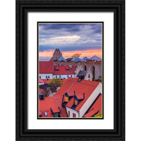 Sweden-Gotland Island-Visby-high angle city view-dusk Black Ornate Wood Framed Art Print with Double Matting by Bibikow, Walter