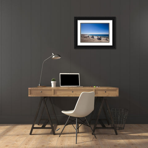 Sweden-Faro Island-Langhammars Area-Langhammar coastal limestone rauk rocks with visitors Black Ornate Wood Framed Art Print with Double Matting by Bibikow, Walter