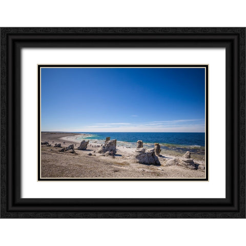 Sweden-Faro Island-Langhammars Area-Langhammar coastal limestone rauk rocks with visitors Black Ornate Wood Framed Art Print with Double Matting by Bibikow, Walter