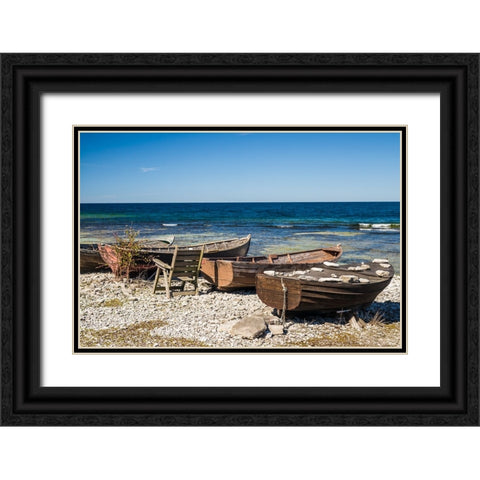 Sweden-Faro Island-Kursviken-coastal farmers fishing boats Black Ornate Wood Framed Art Print with Double Matting by Bibikow, Walter
