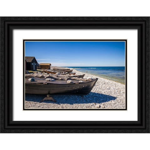 Sweden-Faro Island-Kursviken-coastal farmers fishing boats Black Ornate Wood Framed Art Print with Double Matting by Bibikow, Walter