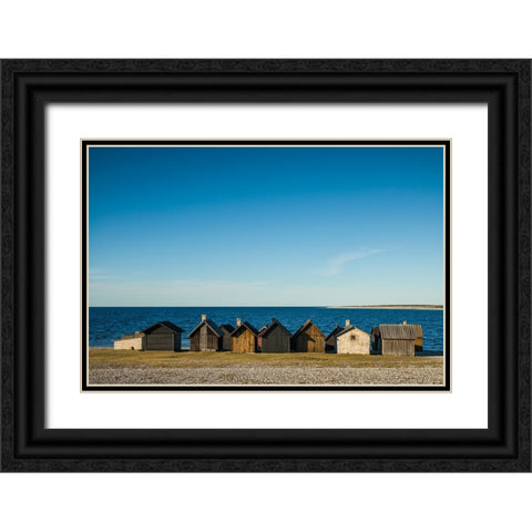 Sweden-Faro Island-Kursviken-coastal farmers fishing shacks-sunset Black Ornate Wood Framed Art Print with Double Matting by Bibikow, Walter