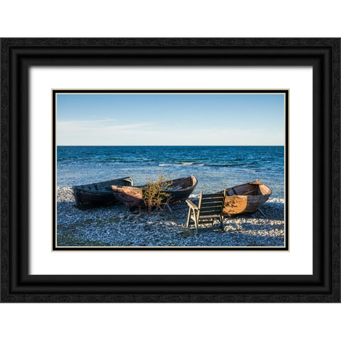 Sweden-Faro Island-Kursviken-coastal farmers fishing boats-sunset Black Ornate Wood Framed Art Print with Double Matting by Bibikow, Walter