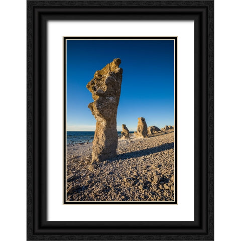 Sweden-Faro Island-Langhammars Area-Langhammar coastal limestone rauk rock-sunset Black Ornate Wood Framed Art Print with Double Matting by Bibikow, Walter
