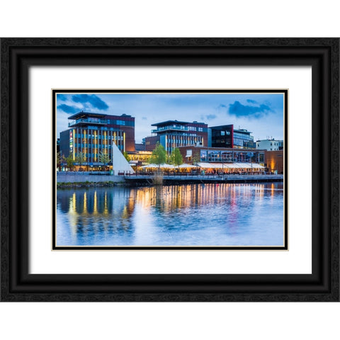 Sweden-Lake Vattern Area-Jonkoping-renovated harbor area along Munksjon Bay-dusk Black Ornate Wood Framed Art Print with Double Matting by Bibikow, Walter