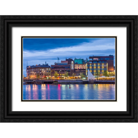 Sweden-Lake Vattern Area-Jonkoping-renovated harbor area along Munksjon Bay-dusk Black Ornate Wood Framed Art Print with Double Matting by Bibikow, Walter