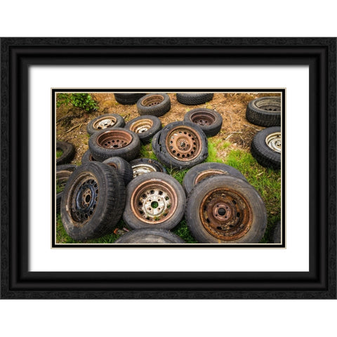 Sweden-Smaland-Ryd-Kyrko Mosse Car Cemetery-former junkyard now pubic park-old tires Black Ornate Wood Framed Art Print with Double Matting by Bibikow, Walter