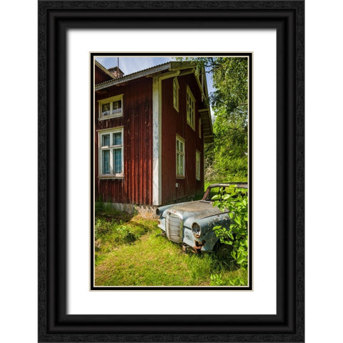 Sweden-Varmland-Bastnas-Bastnas Car Cemetery public park-antique car junkyard Black Ornate Wood Framed Art Print with Double Matting by Bibikow, Walter