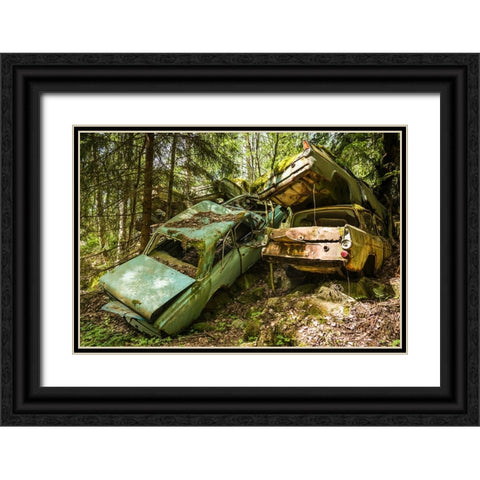 Sweden-Varmland-Bastnas-Bastnas Car Cemetery public park-antique car junkyard Black Ornate Wood Framed Art Print with Double Matting by Bibikow, Walter